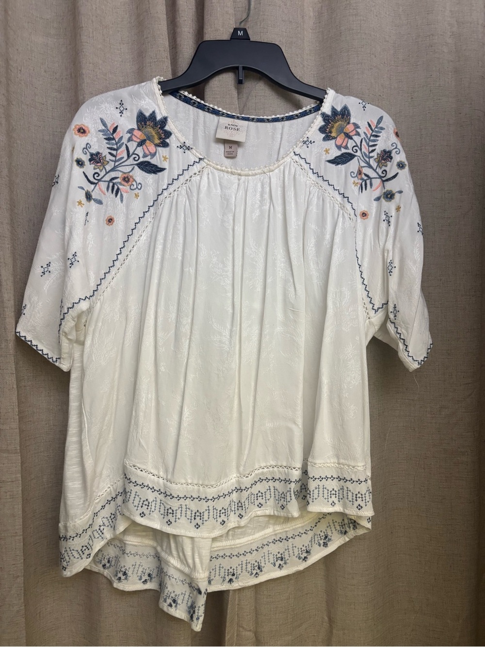 Knox Rose White Peasant Blouse with Navy & Blush Floral Embroidery